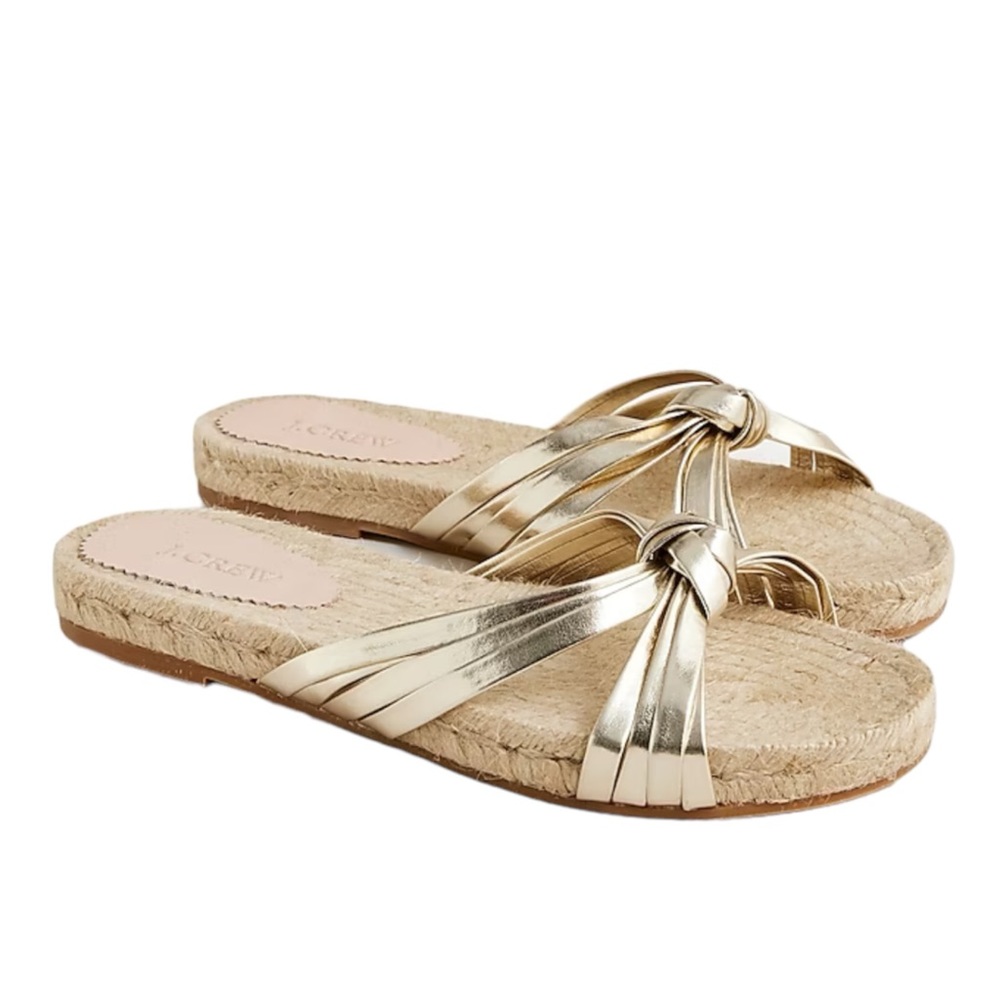 J. Crew Made in Spain Knotted Espadrille Slides in Metallic Platino Gold Sz 7